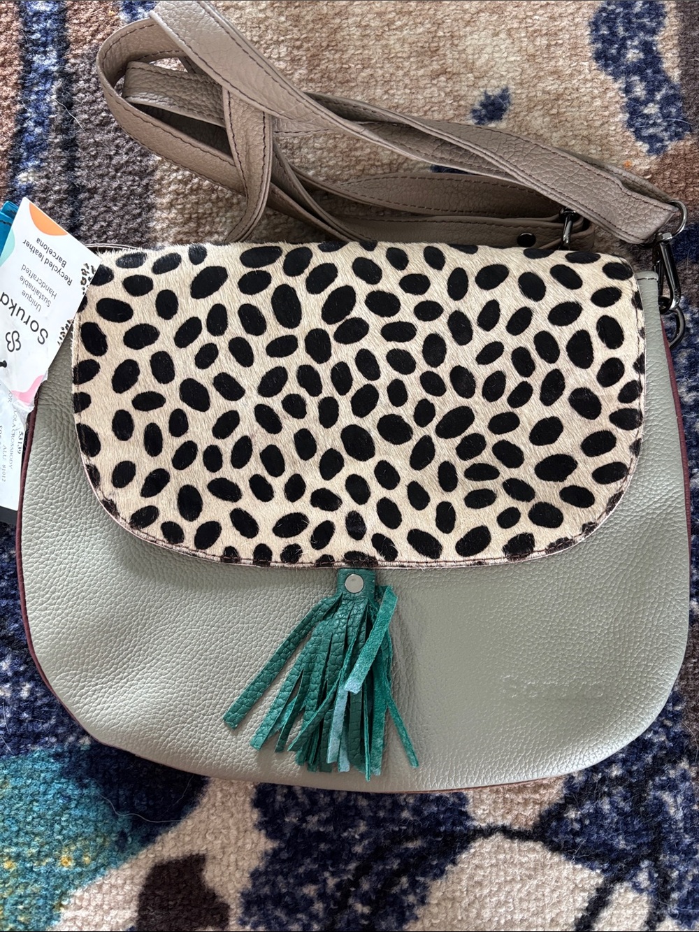 Soruka Women’s Crossbody Bag with Leopard Flap and Green Tassel